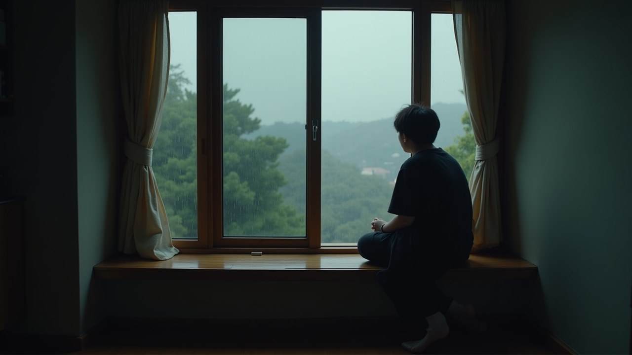 창가에서 비를 바라보는 사람